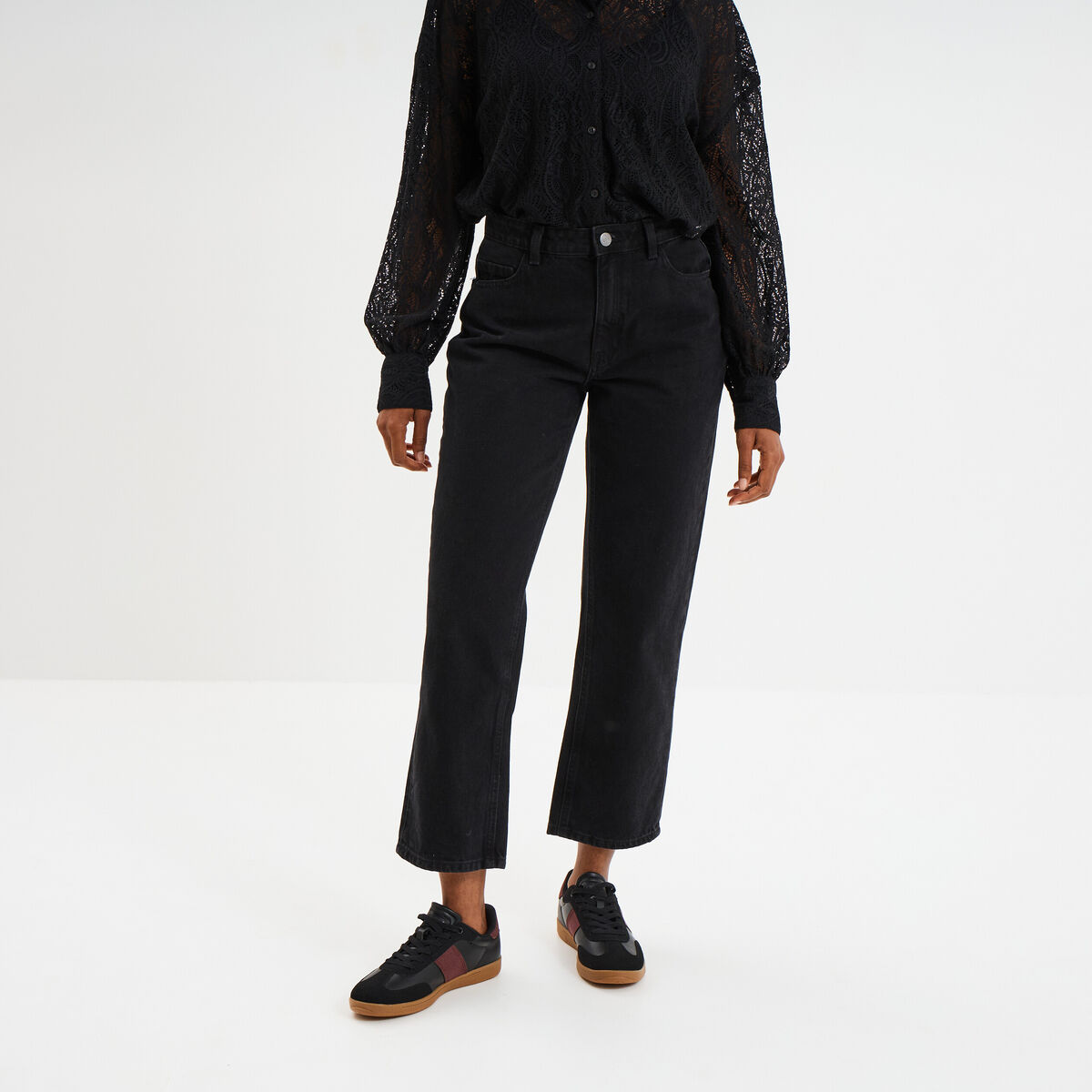Jeans droit 7/8ème coton denim noir femme