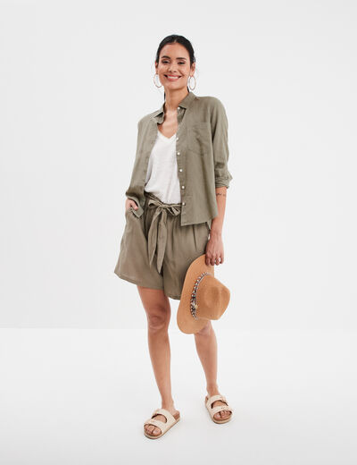 Short paperbag fluide ceinturé vert kaki femme