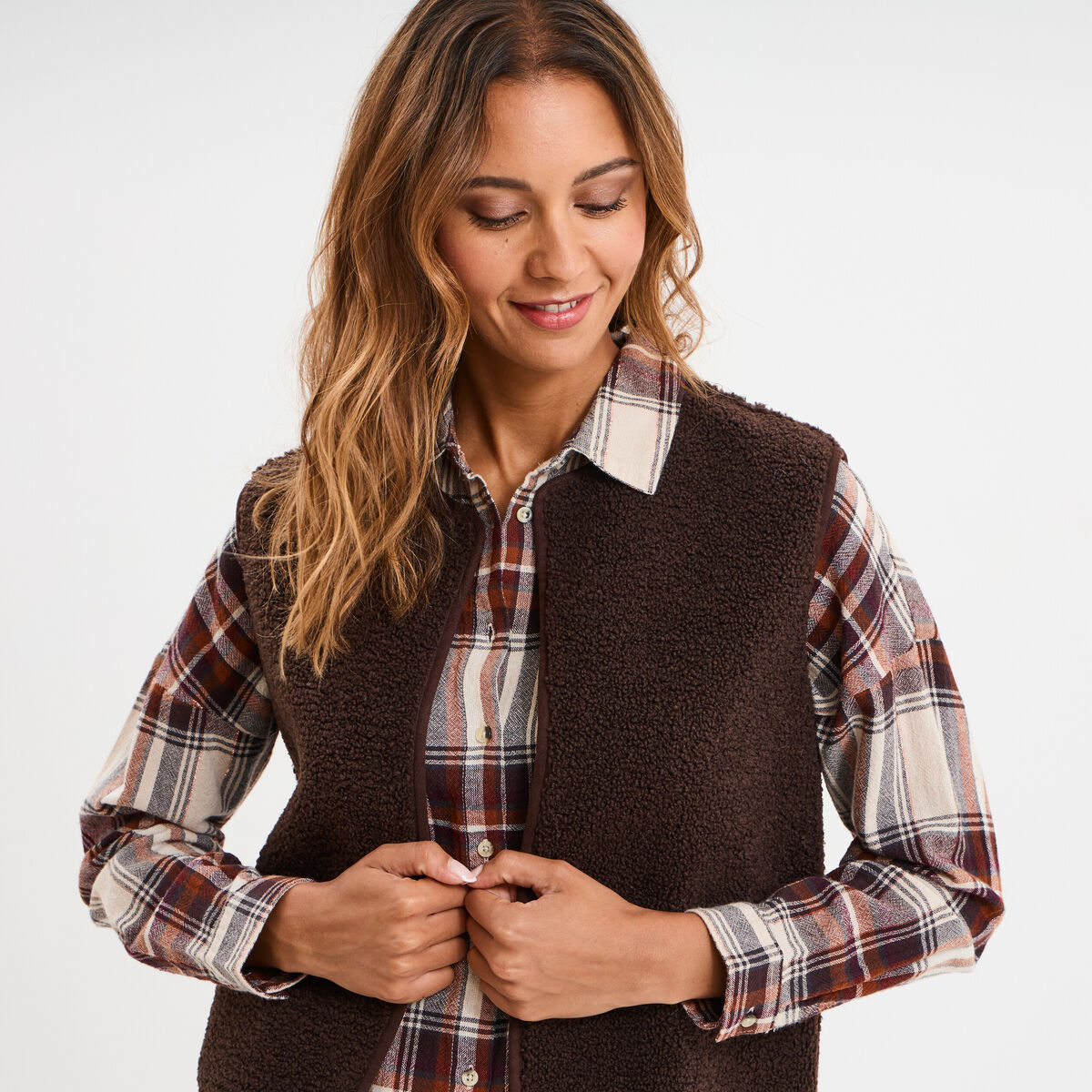Gilet r&eacute;versible polaire sans manches marron fonc&eacute; femme