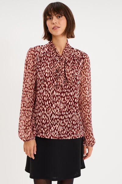 Blouse col lavalli&egrave;re manches longues bordeaux femme