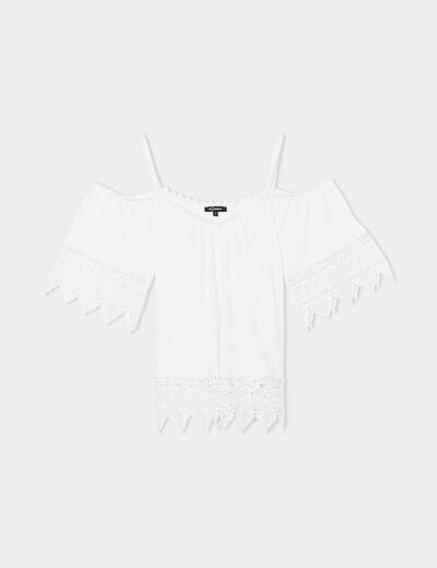 T-shirt col bardot et macramé Mosquitos blanc femme