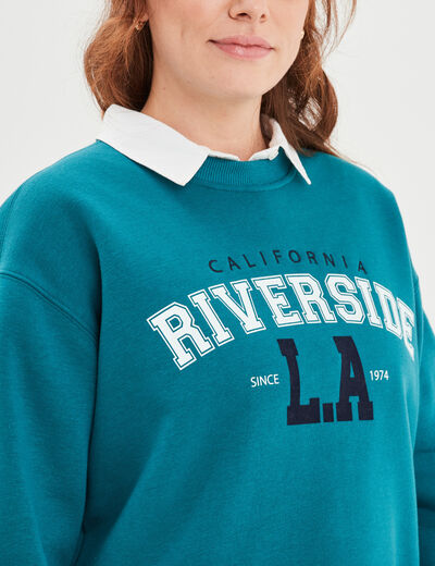 Sweat oversize printé col rond Creeks vert foncé femme