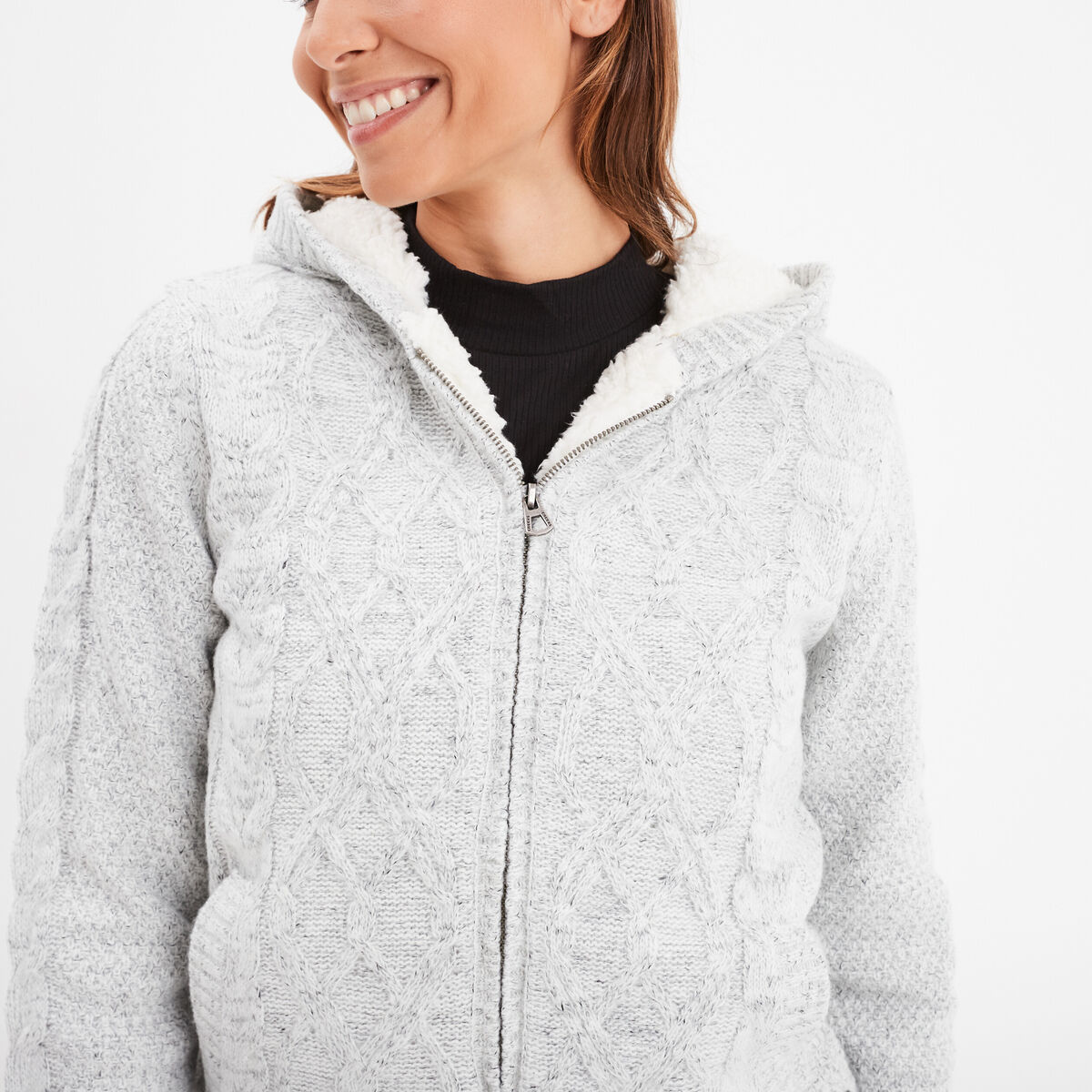 Sweat zipp&eacute; doublure effet sherpa gris femme