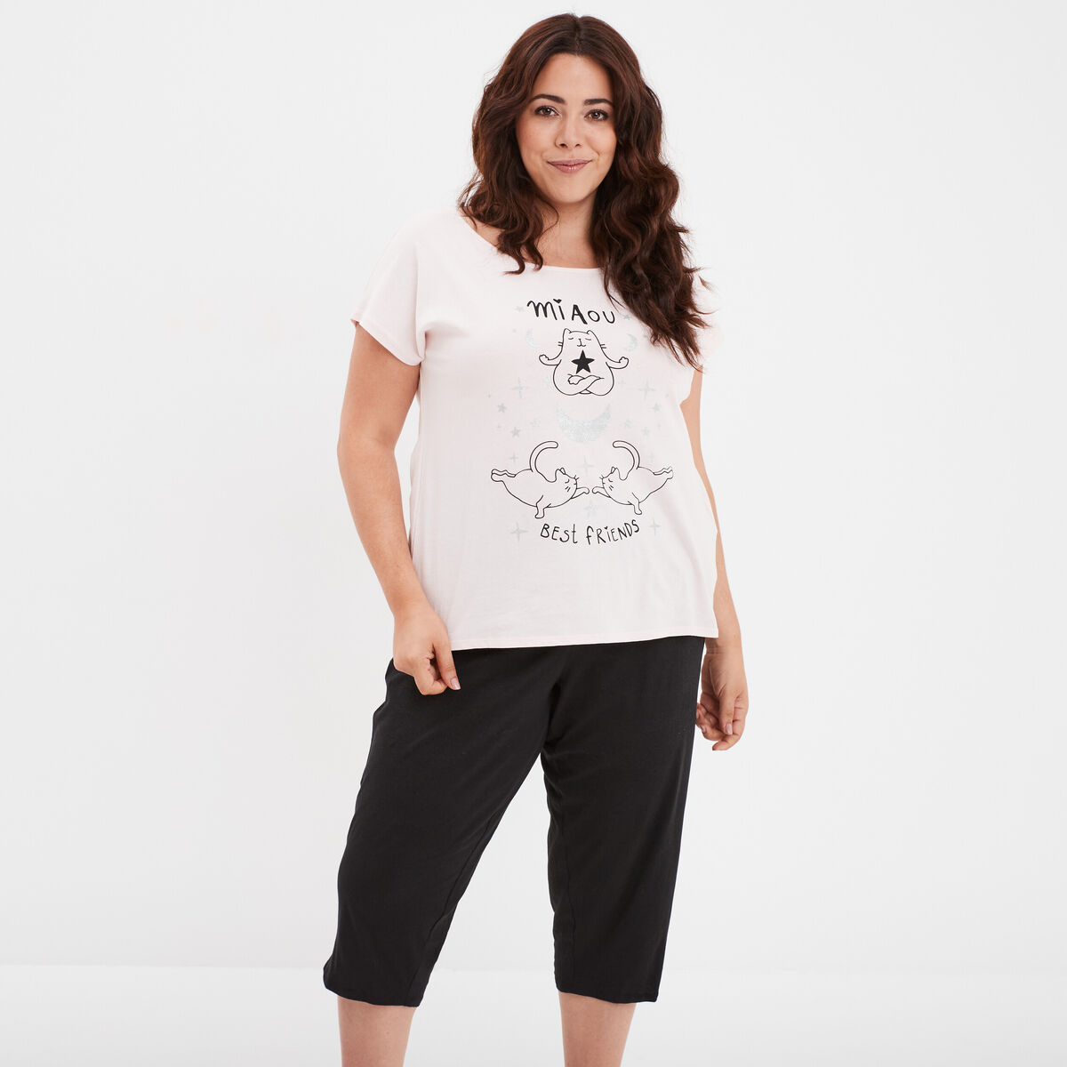 Ensemble pyjama corsaire coton rose poudrée femme grande taille