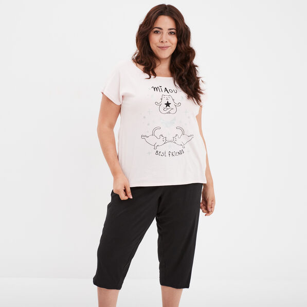Ensemble pyjama corsaire coton rose poudrée femme grande taille