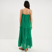 Robe longue &agrave; volants fines bretelles vert canard femme