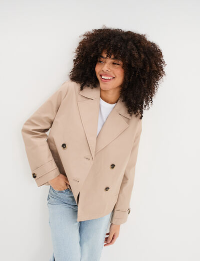 Trench court double boutonnage beige femme