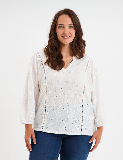 Blouse broderie anglaise manches 3/4 blanc femme grande taille