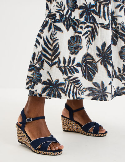 Sandales &agrave; talons compens&eacute;s bleu marine femme