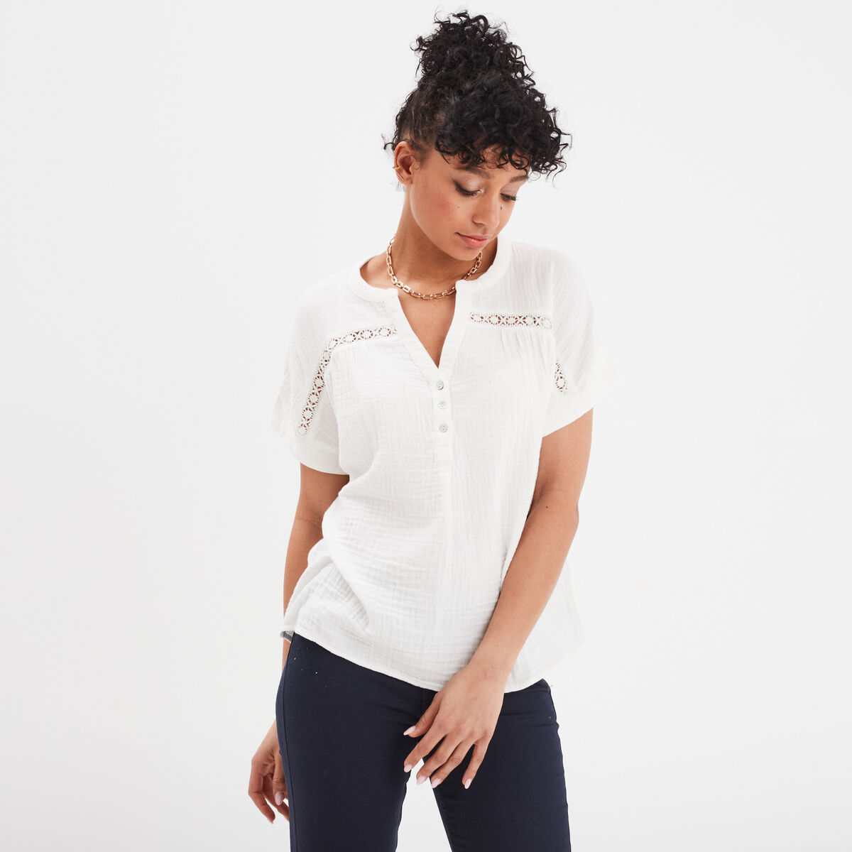 Blouse manches courtes gaze de coton blanc femme