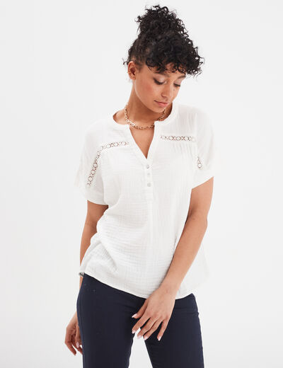 Blouse manches courtes gaze de coton blanc femme
