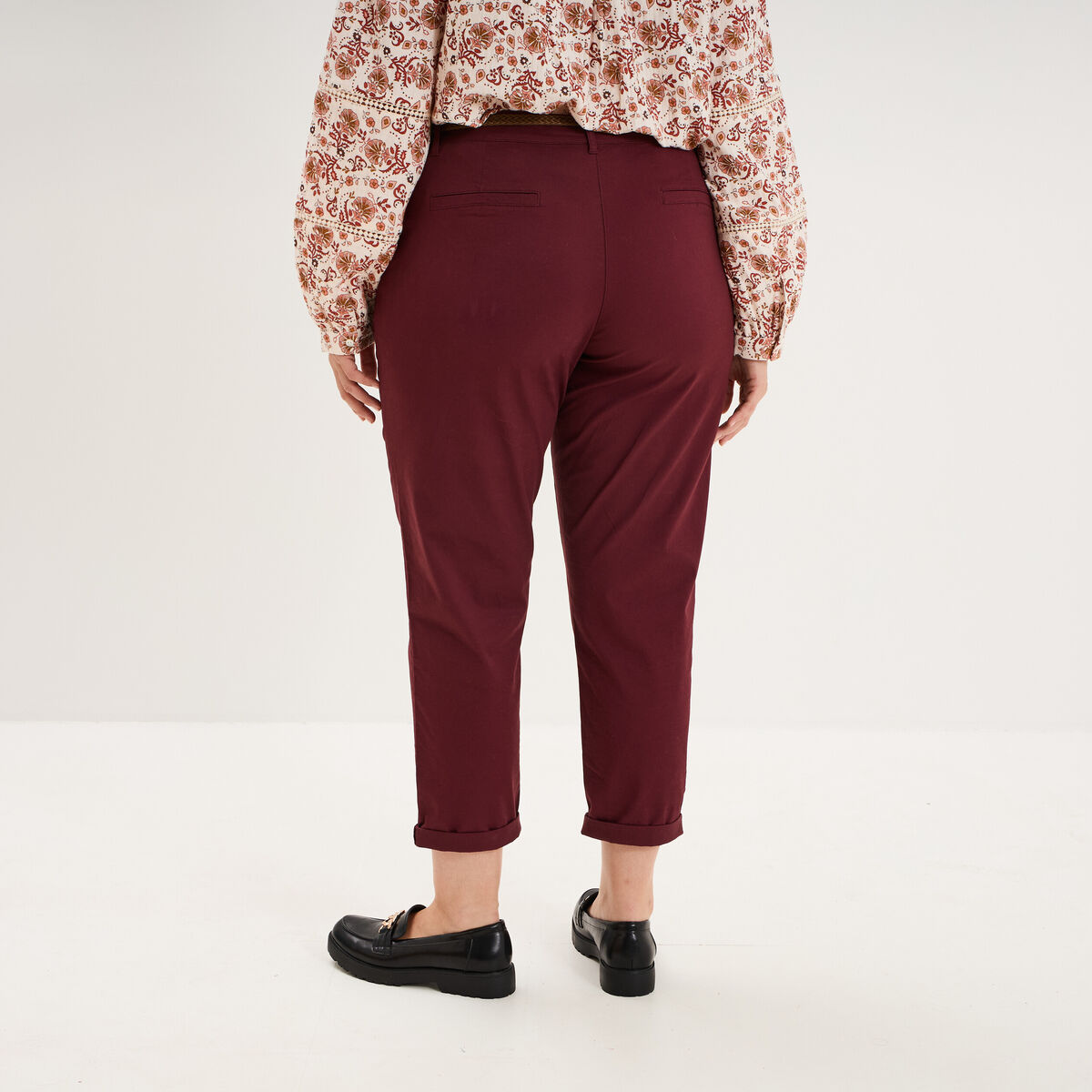 Pantalon chino taille haute coton violet fonc&eacute; femme grande taille