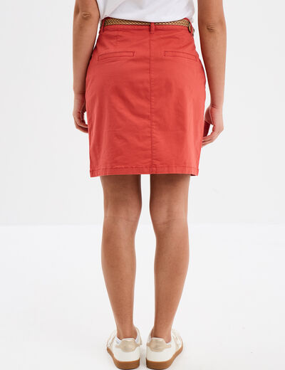 Jupe chino droite ceinture tressée rouge corail femme