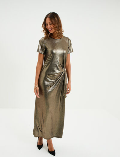 Robe longue d&eacute;tail noeud c&ocirc;t&eacute; jaune or femme