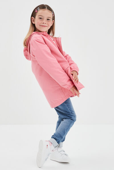 Parka longue zippée à capuche rose corail fille