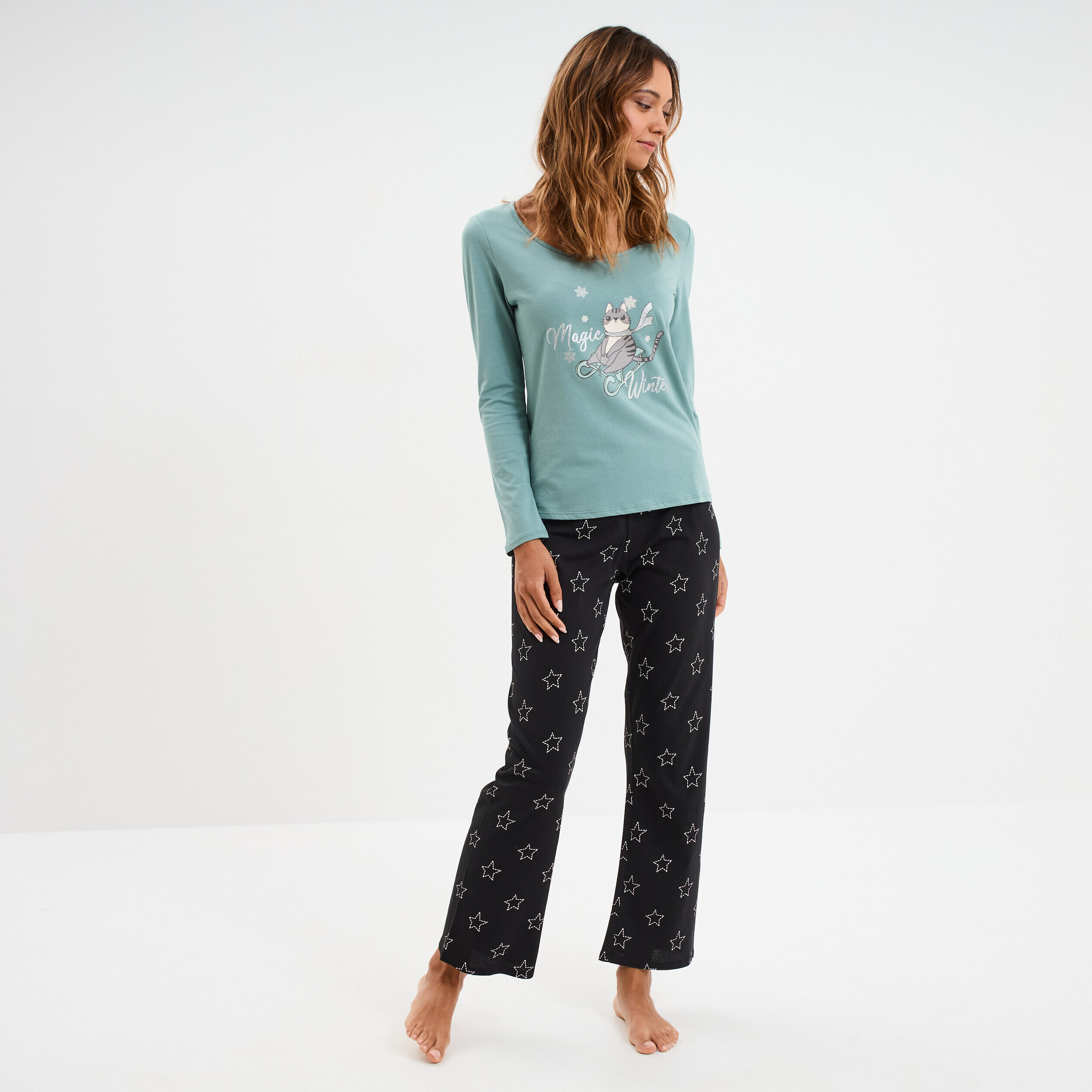 Ensemble pyjama pantalon t-shirt coton bleu gris femme LH