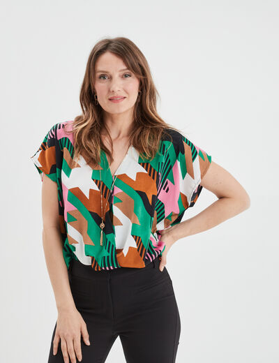 Blouse bijoux col en V manches courtes ecru femme