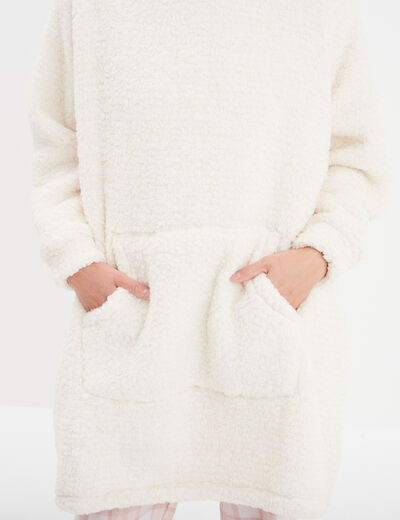 Sweat long à capuche effet laine mouton ivoire femme