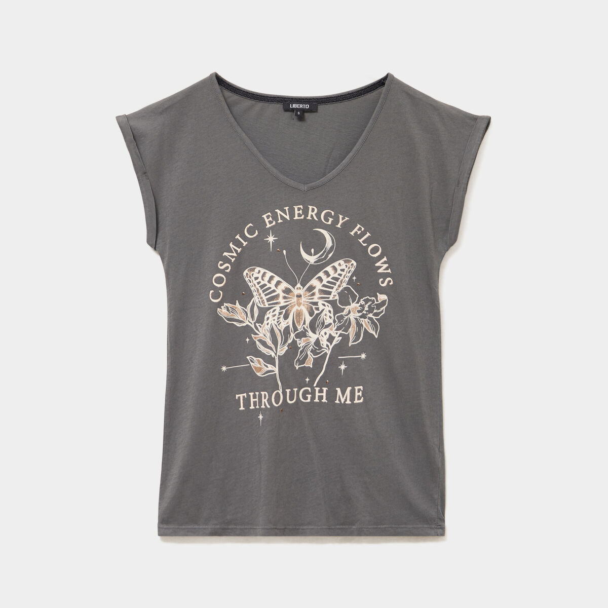 T-shirt coton col en V manches courtes gris anthracite femme