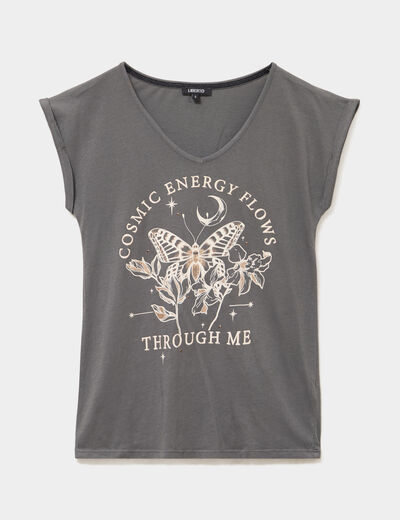 T-shirt coton col en V manches courtes gris anthracite femme