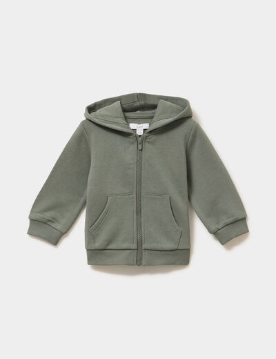 Sweat zipp&eacute; molletonn&eacute; &agrave; capuche vert kaki b&eacute;b&eacute; gar&ccedil;on