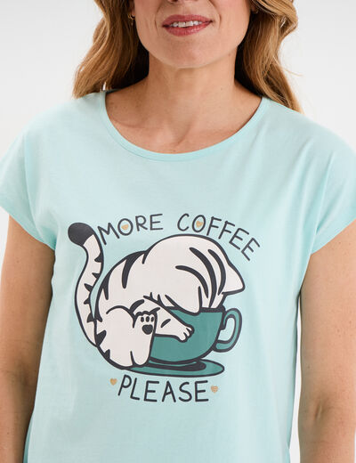 Ensemble pyjama corsaire t-shirt coton bleu turquoise femme
