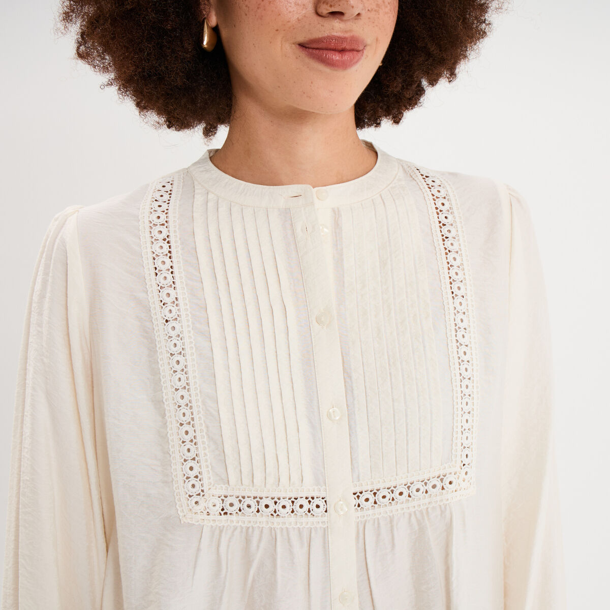 Blouse manches longues galons et fronces ecru femme