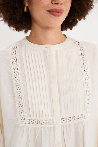 Blouse manches longues galons et fronces ecru femme