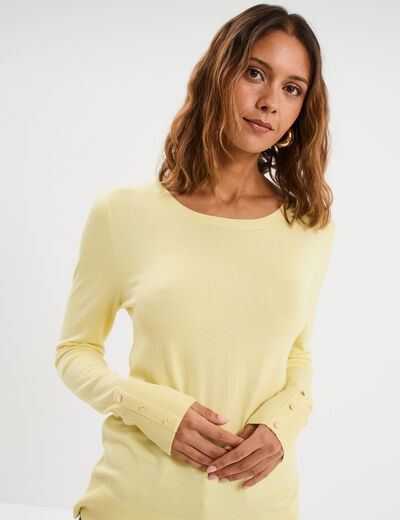 Pull col rond boutons aux poignets jaune clair femme