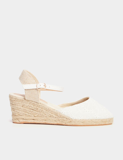 Sandales compensées broderie anglaise blanc femme