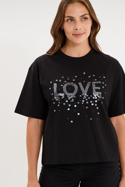 T-shirt oversize &agrave; sequins coton noir femme