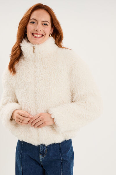 Veste courte fausse fourrure col montant ivoire femme