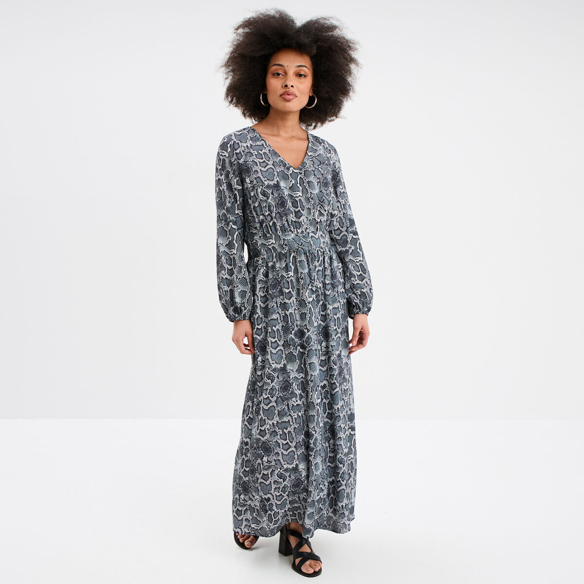 Robe longue fluide manches longues gris femme