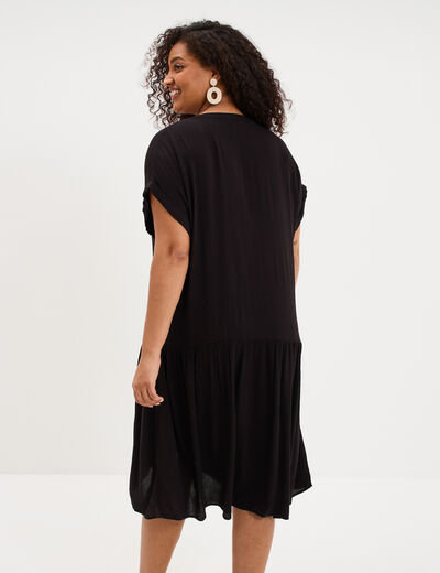 Robe courte fluide &eacute;vas&eacute;e col tunisien noir femme grande taille