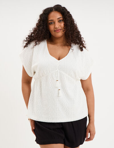 T-shirt dentelle avec cordon col blanc femme grande taille