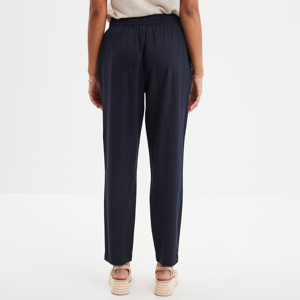 Pantalon droit 7/8&egrave;me lin m&eacute;lang&eacute; bleu fonc&eacute; femme