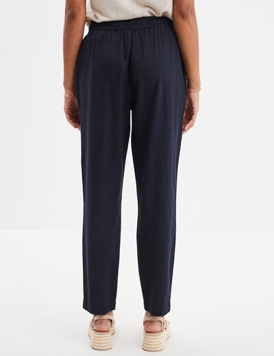 Pantalon droit 7/8&egrave;me lin m&eacute;lang&eacute; bleu fonc&eacute; femme