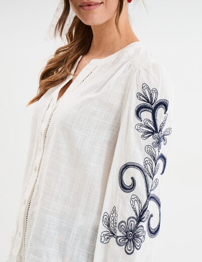 Blouse col tunisien manches brodées ecru femme