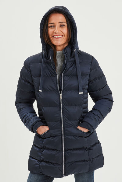 Doudoune mi-longue à capuche bleu marine femme