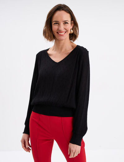 Blouse col en V taille smockée noir femme
