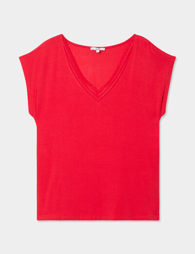 T-shirt col en V manches courtes rouge femme