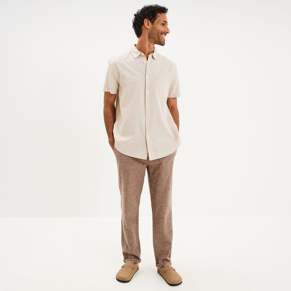 Pantalon chino droit lin m&eacute;lang&eacute; marron homme