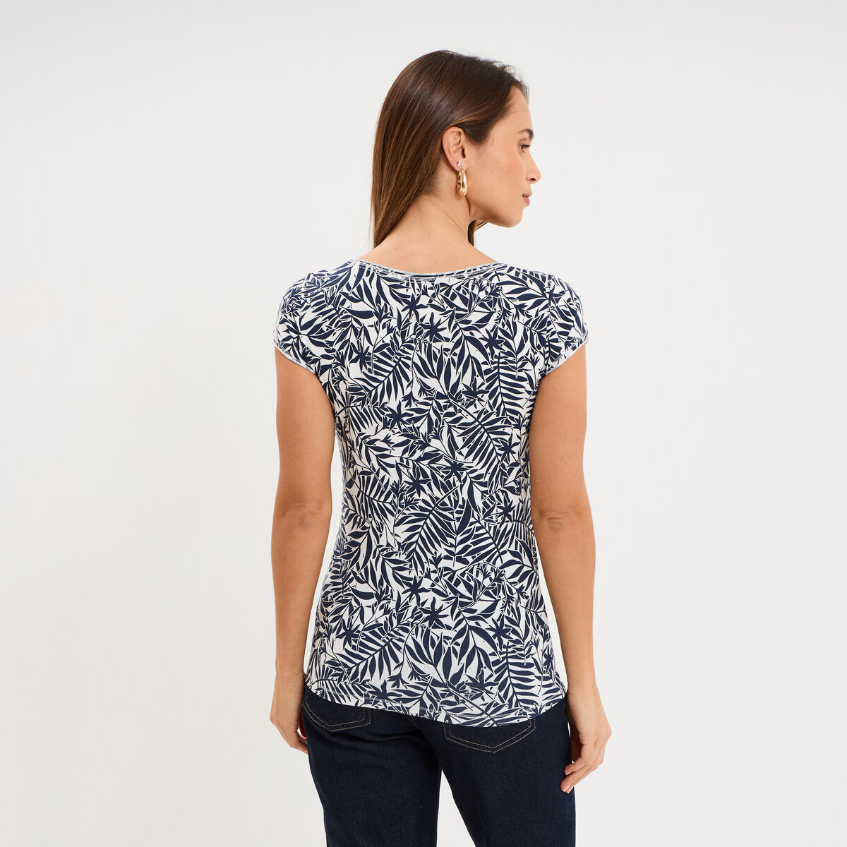 T-shirt col V droit manches courtes ecru femme