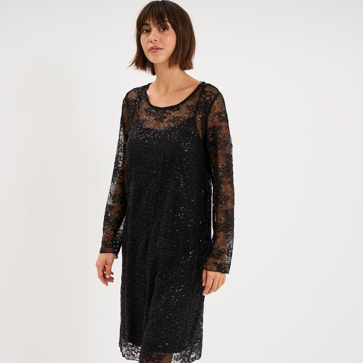 Robe dentelle et sequins doubl&eacute;e noir femme