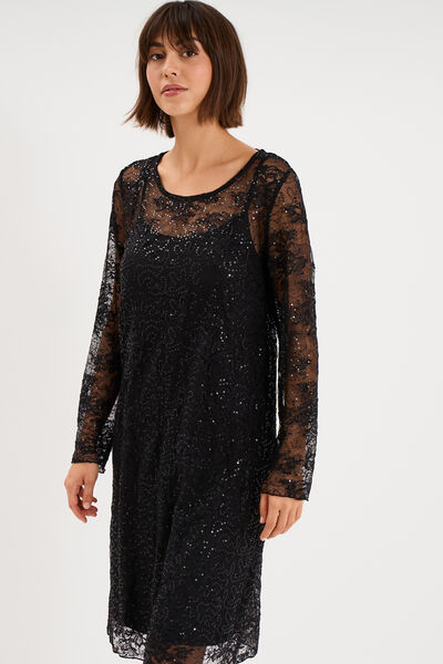 Robe dentelle et sequins doubl&eacute;e noir femme