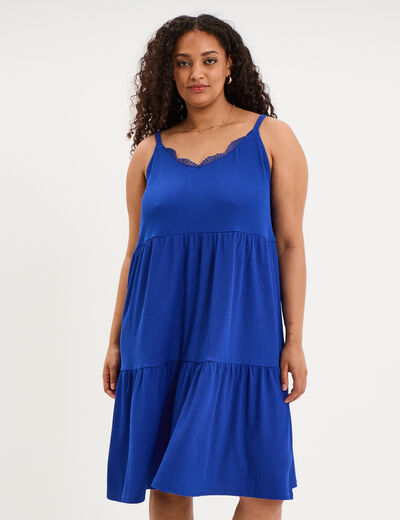 Robe bretelles &agrave; volants longueur genou bleu electrique femme grande taille