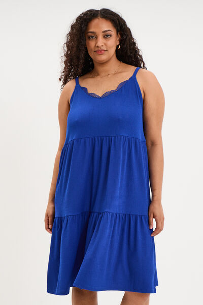 Robe bretelles &agrave; volants longueur genou bleu electrique femme grande taille