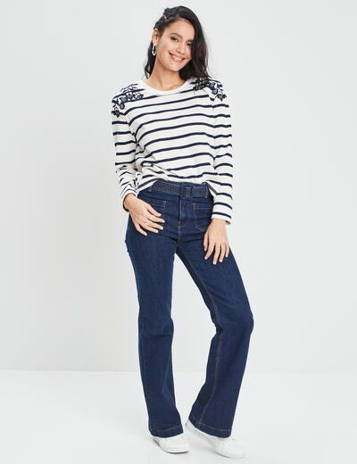 T-shirt manches longues avec broderie ivoire femme