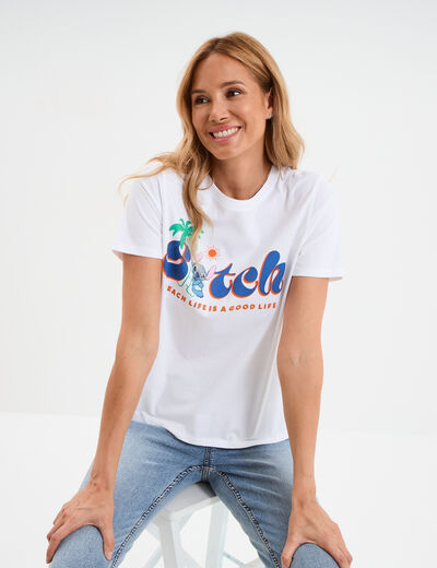 T-shirt manches courtes coton Stitch blanc femme
