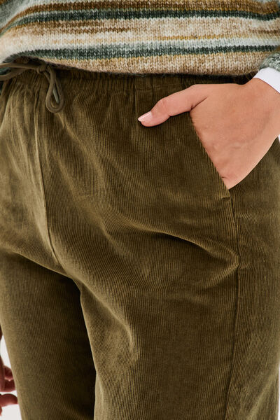 Pantalon taille haute velours 7/8&egrave;me vert kaki femme